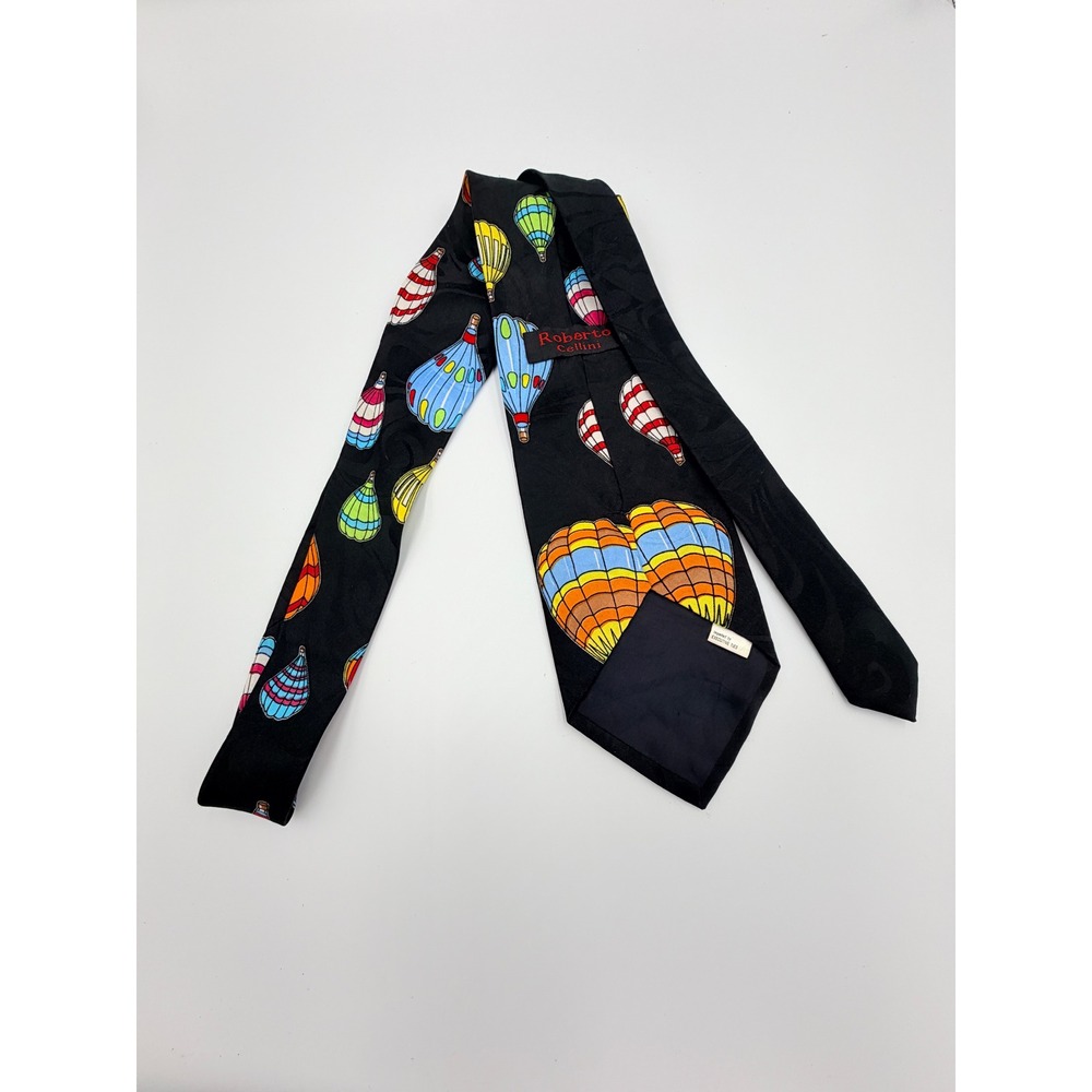 Roberto Cellini Silk Tie Mens Black Hot Air Balloon Whimsical Italian Silk Tie